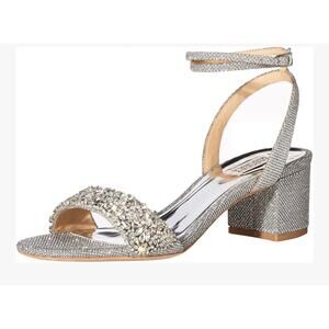 Badgley Mischka Jada Crystal Embellished Silver Ankle Strap Sandals - Size 8